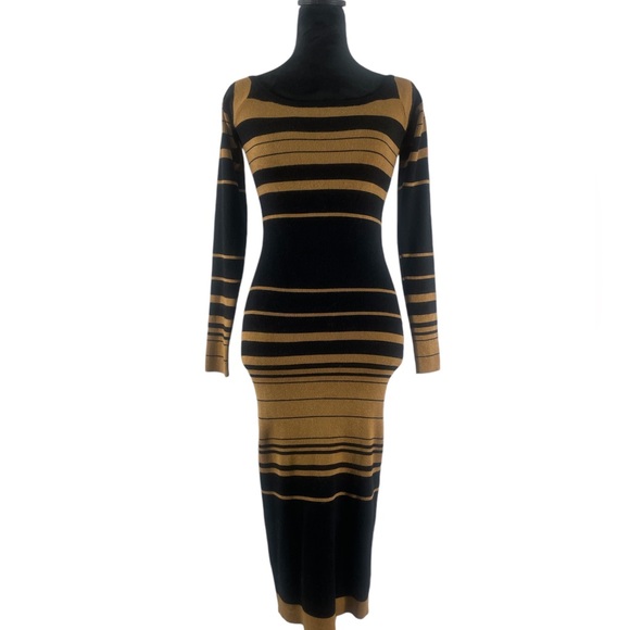 Stripped sweater dress,black,tan brown,long sleeve, Large - Picture 4 of 6